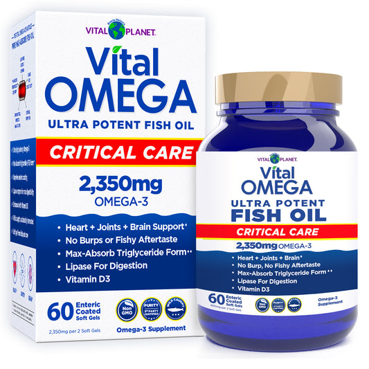 A bottle and packaging of Vital Omega Critical Care fish oil supplement with 2,350mg Omega-3, showing the product name, dosage, and benefits such as heart and brain support, no burps or fishy aftertaste, and improved digestion.
