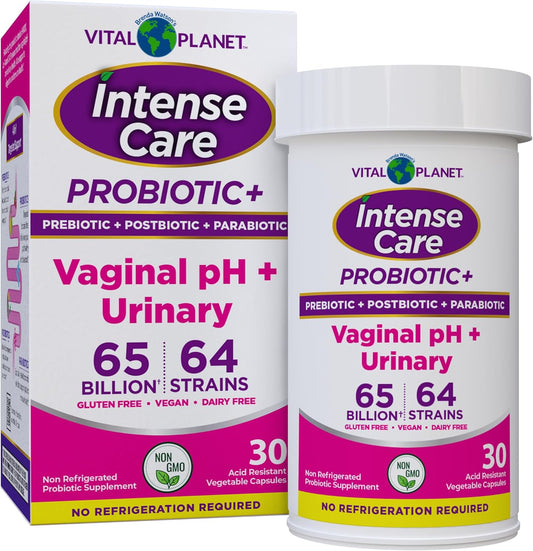 The image shows the packaging of Intense Care Vaginal pH & Urinary Probiotics by Vital Planet. The box and bottle are purple and white with text detailing the product's benefits and specifications, such as containing 65 billion cells and 64 strains.