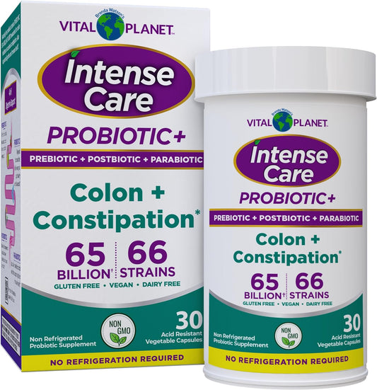 The image shows the packaging of Intense Care Colon & Constipation Probiotics. The box and bottle are primarily white with purple and green accents.