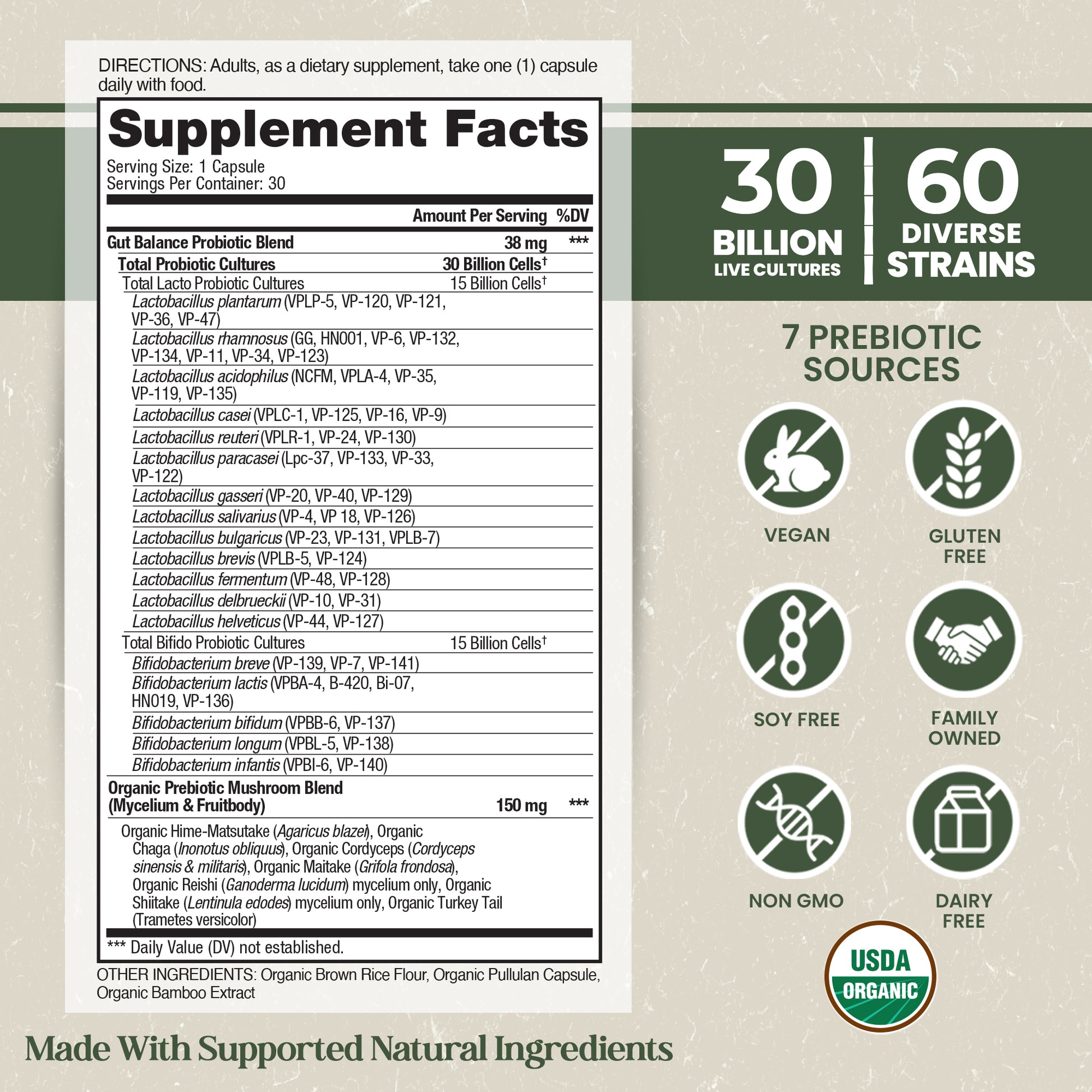 Supplement label with details on probiotic content, strains, and certifications.