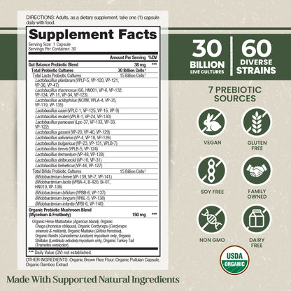 Supplement label with details on probiotic content, strains, and certifications.