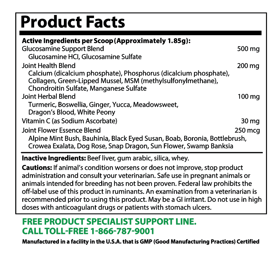 Product facts label for Hip and Joint Mobility Support Powder listing active ingredients and usage cautions