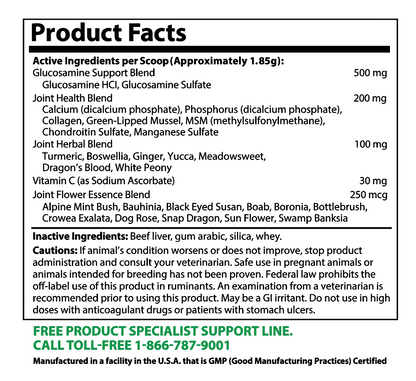 Product facts label for Hip and Joint Mobility Support Powder listing active ingredients and usage cautions