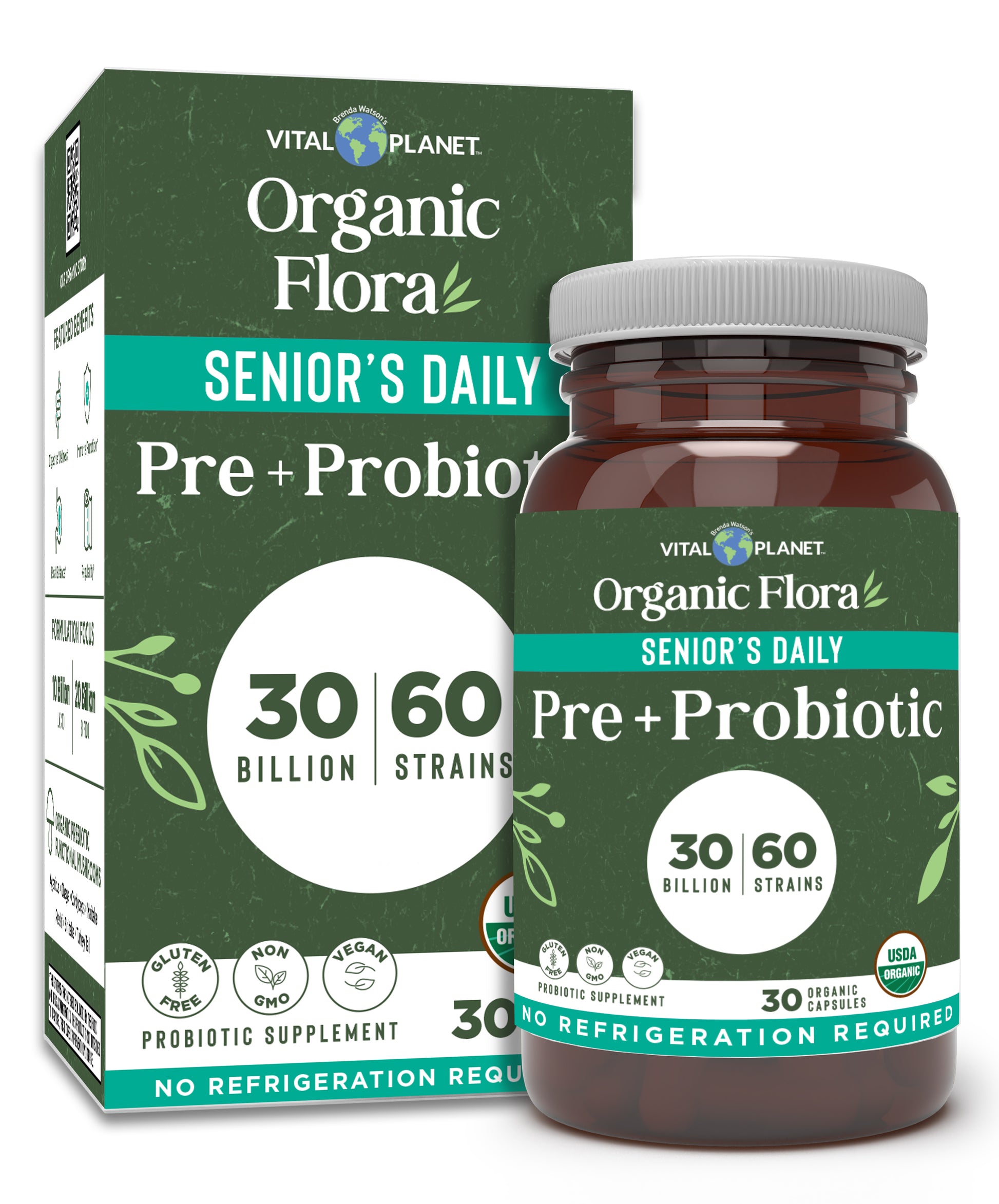 Vital Planet Organic Flora Senior's Daily Pre + Probiotic packaging on a white background