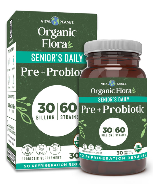 Vital Planet Organic Flora Senior's Daily Pre + Probiotic packaging on a white background