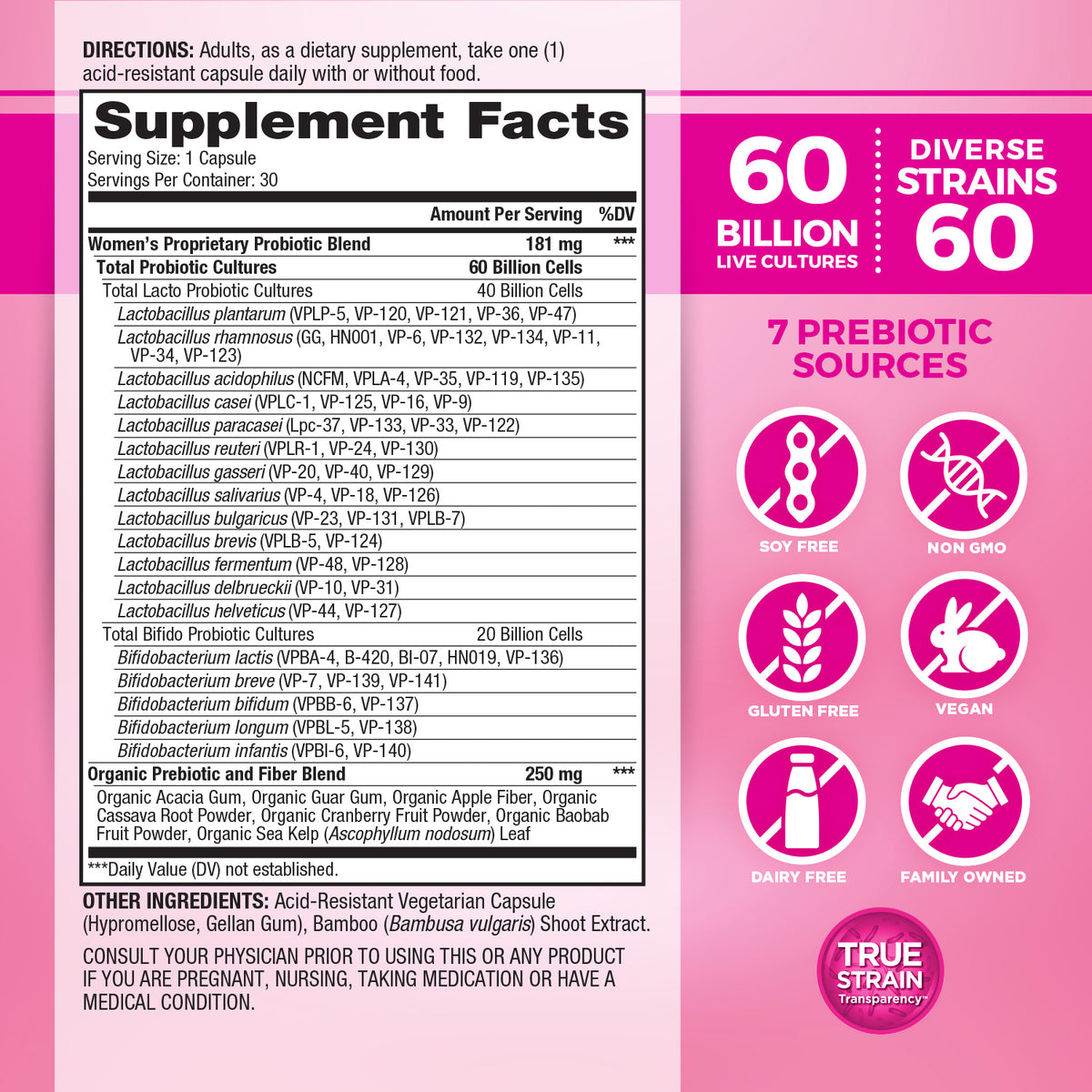 Supplement facts label for Vital Flora Women’s Daily Probiotic showing ingredients and dietary information