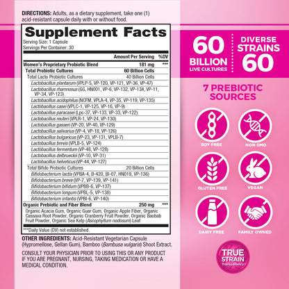Supplement facts label for Vital Flora Women’s Daily Probiotic showing ingredients and dietary information