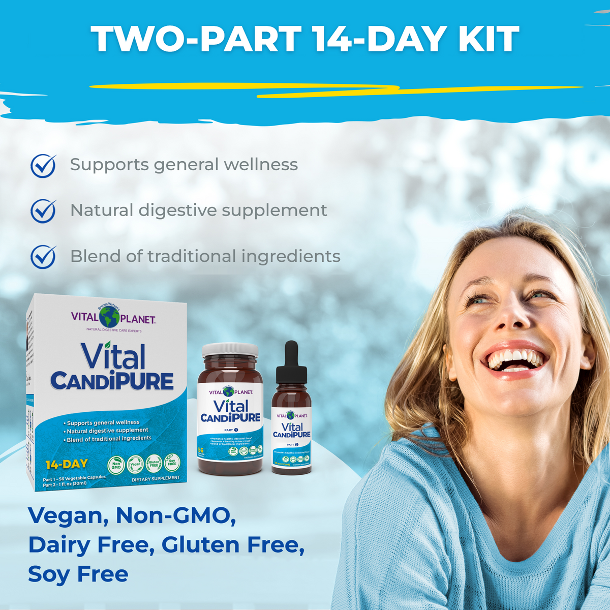 Vital CandiPURE two-part 14-day kit with box, capsule bottle and liquid dropper