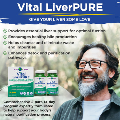 Advertisement for Vital LiverPURE with a man smiling outdoors, featuring product packaging and text about liver support.