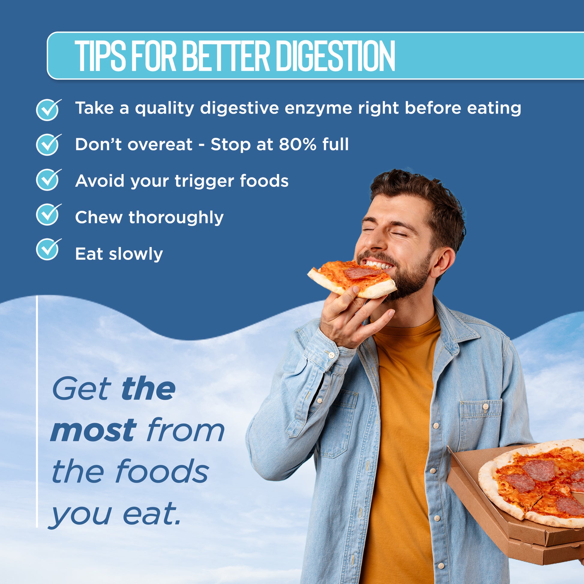Person eating pizza with tips for better digestion on a blue background