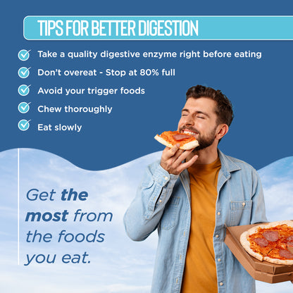 Person eating pizza with tips for better digestion on a blue background