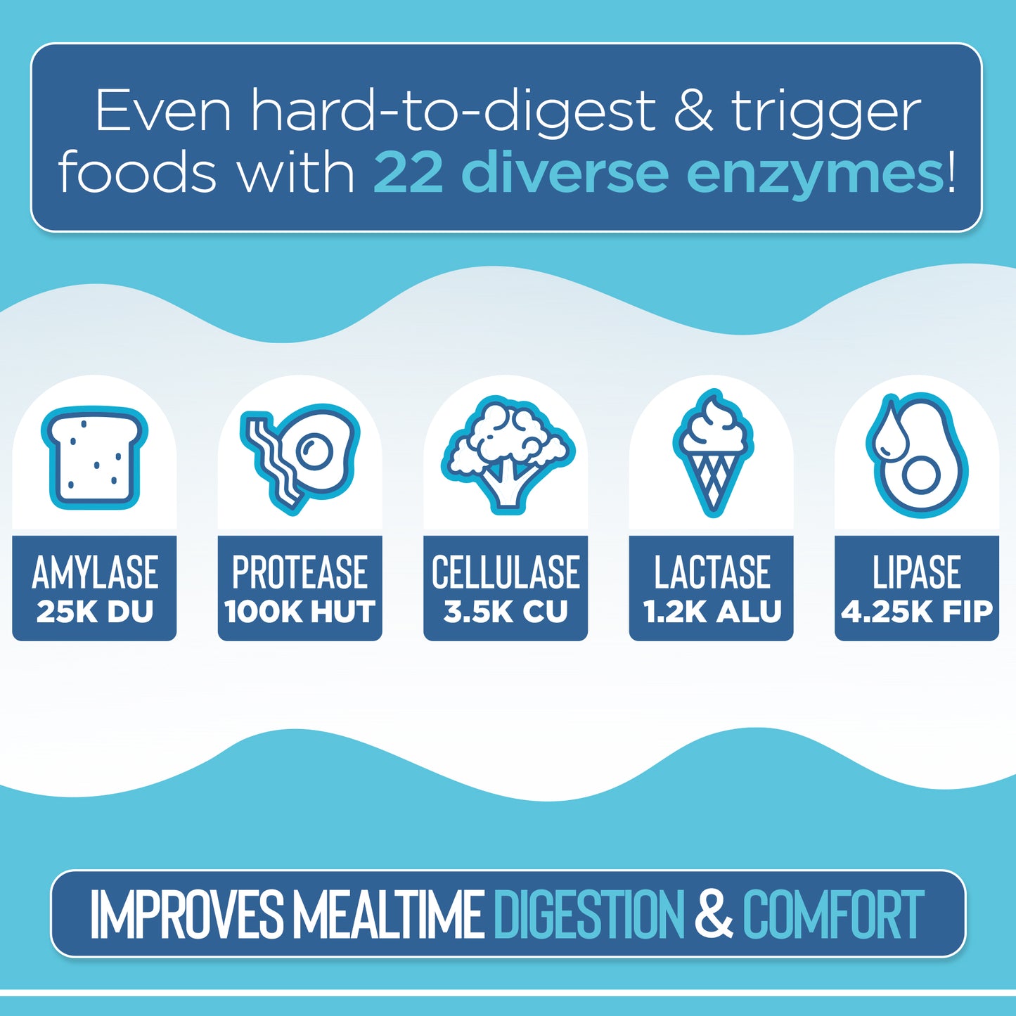 Product advertisement with enzyme icons and text on a blue background