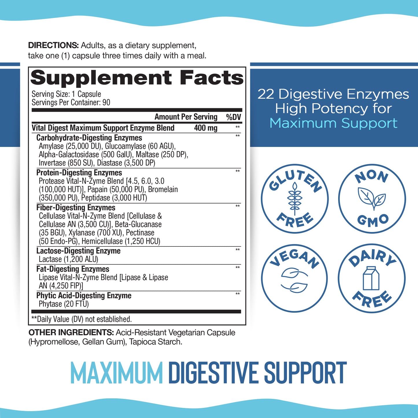 Supplement label with digestive enzymes and dietary information on a blue and white background